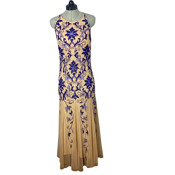 Adrianna Papell Cream Blue Formal Gown Sequins Mermaid Prom Backless Size 4 - Picture 1 of 4